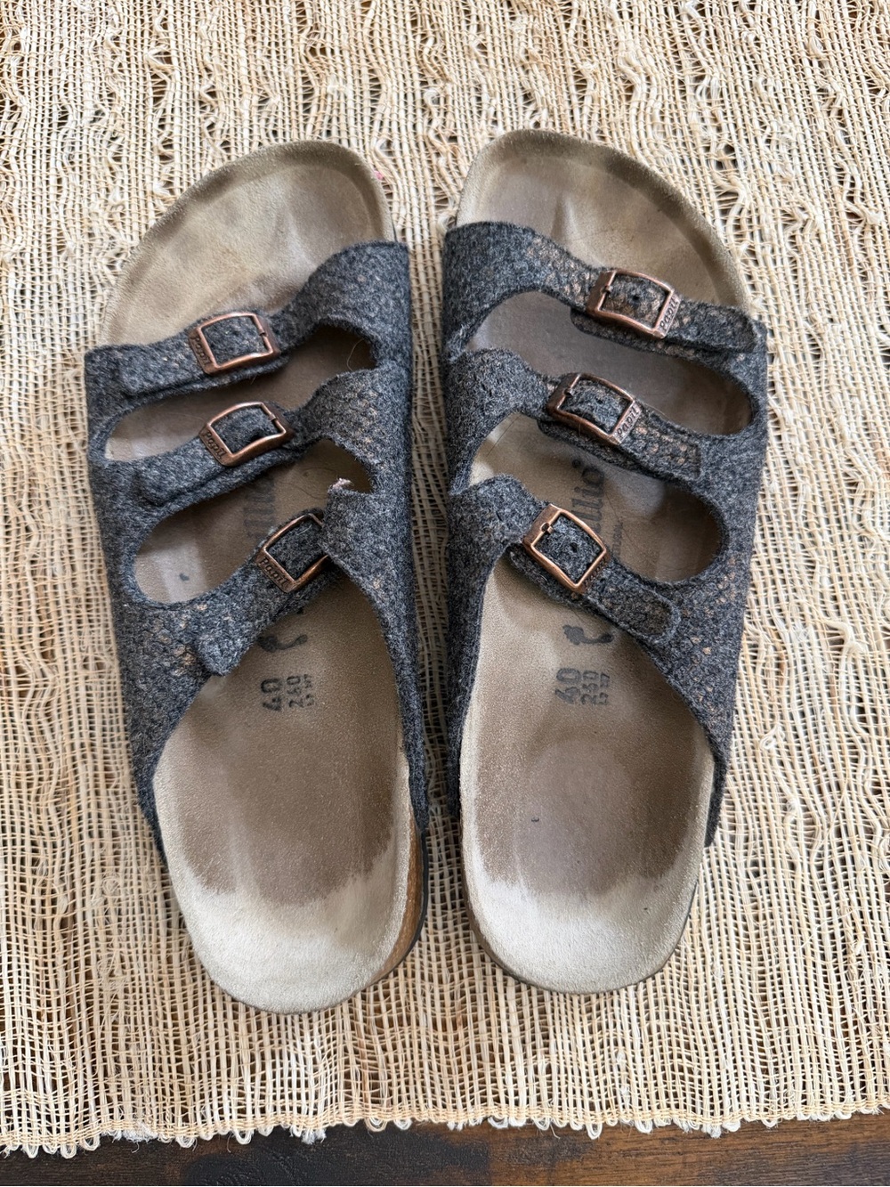 Birkenstock Charcoal Gray Triple-Strap Felt Slides with Copper Buckles